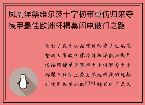 凤凰涅槃维尔茨十字韧带重伤归来夺德甲最佳欧洲杯揭幕闪电破门之路